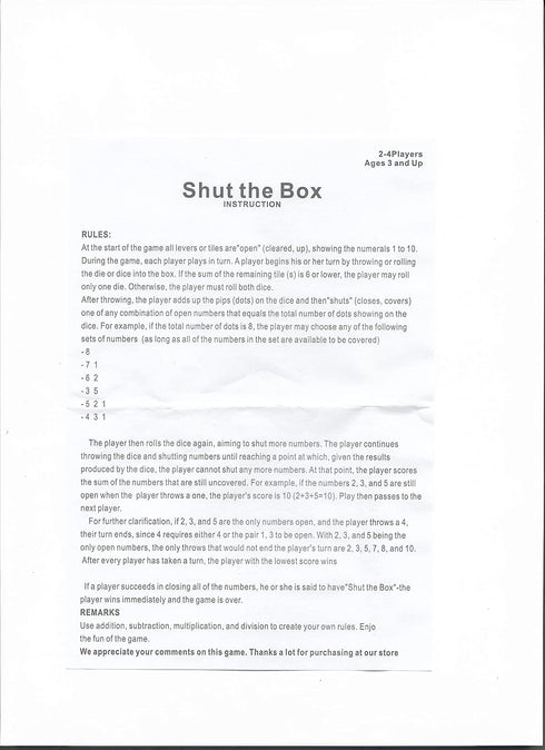 Shut The Box Dice Game for 1-4 Players - Traditional Wooden Pub Bar Board Game with 10 Numbers for Kids and Adults