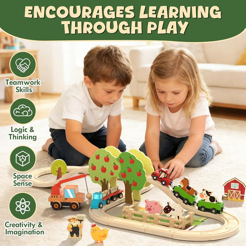 Set 2-4 Set 3 4 5 6 Lehoo Castle Wooden Train for Toddlers - Wooden Train Track for Kids, Farm Animal Train Toys