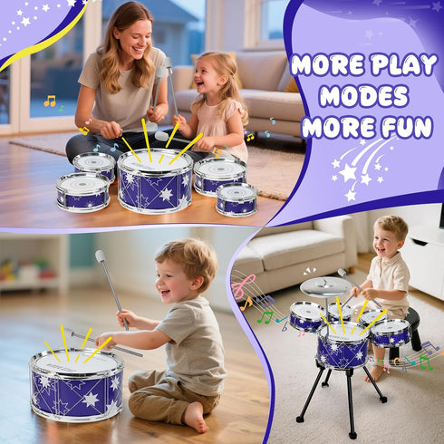 Drmukie Set 2-4 3 4 5 Upgraded Drum for Toddler Toy Ages Kids Jazz Drums Kit with Stool Musical Instrument Toys