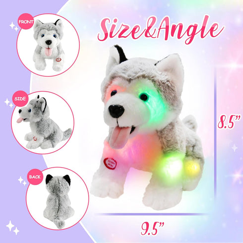 Athoinsu Light Up Husky Dog Stuffed Animal, Soft Glowing Plush Puppy Toy with Magic LED Night Lights, 8''