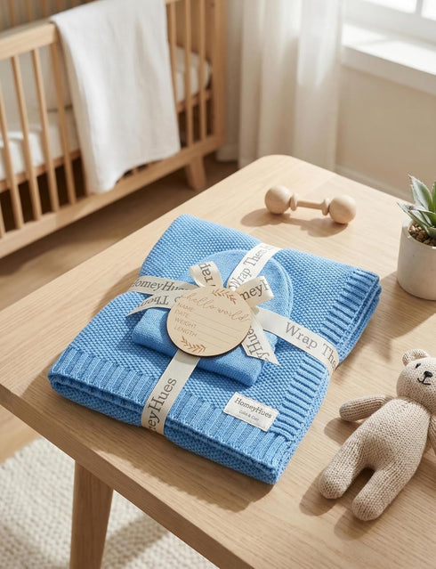 HomeyHues Set 100% Luxury Baby Gift for Newborns - Cotton Knit Blanket Essentials with Matching Beanie, Thoughtful Baby