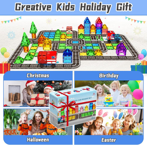 Set, 3 4 5 6 7 Magnetic Tiles Road Car Toddler Magnetic Building Blocks Toys for Year Old Boys Girls, Kids Montessori