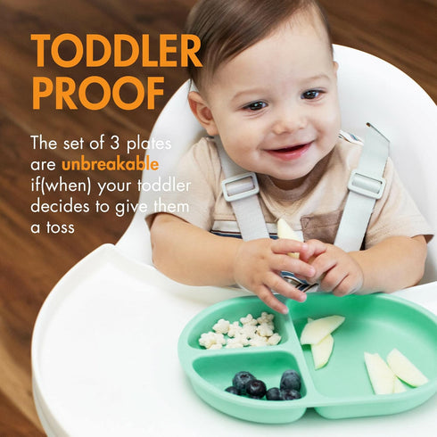 Boon Chow Silicone Plate Set, 3 Unbreakable Divided Toddler Plates, Baby Plates for 6 Months and Up