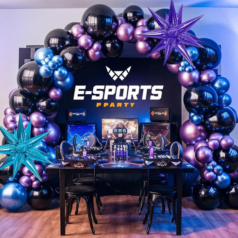 Black Purple Blue Balloon Arch Kit with 2Pcs Star Balloons, Metallic Purple Blue Garland for Kids Video Game Party