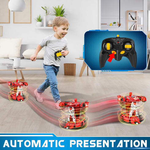 Transform Remote Control Car Robot, 1:18 Scale Police Car with Flashing Light, 360 Degree Rotating Drifting