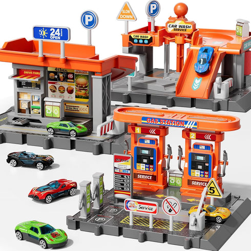 Playsets, 3-in-1 Playset, Playset, 1:64 1-3, Toy Cars Activity Drivers Gasstation, Car Wash, Car Restaurant Scale Toy