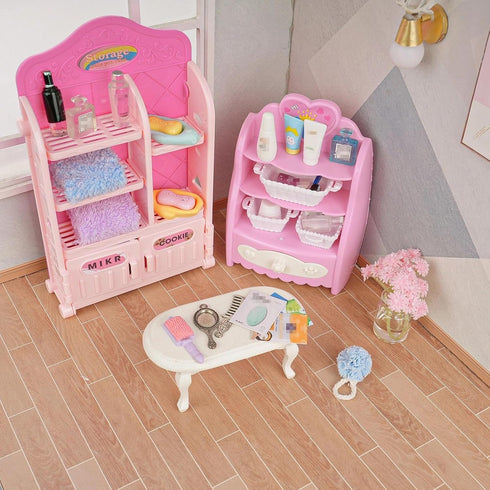 WEHOO 74Pcs Set Backpack Dollhouse Acessories Furniture Mini Cabinet with Drawers Case Handbag Towel Cosmetic Bathroom