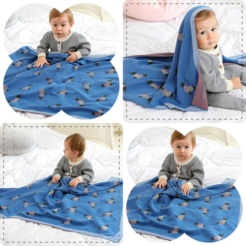 100% 30x40 inches Opewod Baby Blanket Knitted Cotton Soft Blankets for Newborn Boy Girls Cute Dog Dachshund Jean Blue