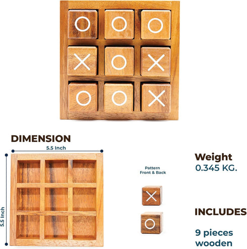 Wooden XO Blocks Tic Tac Toe Board Game by BSIRI - Ideal for Kids and Family Game Night, Unique Gifts