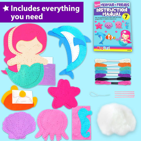 7 KRAFUN Mermaid Sea Animals Beginner Sewing Kit for Kids Art & Craft kit, Includes Soft Plush Dolls, Instructions