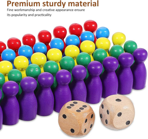 STOBOK 50 Pcs Multicolor Wooden Pawns Board Game Pieces with 2 Dice - Tabletop Markers for Board Games