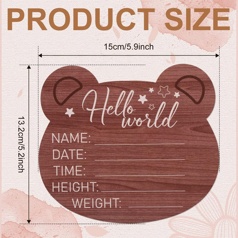 SAVITA 5.9 Inch Wooden Baby Announcement Plaque, Bear Shape New Baby Welcome Sign Hello World Newborn Sign for Hospital