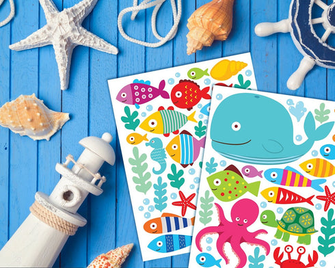 Ocean Fish Wall Decals, Sea Whale Turtle Tropical Creatures Bathroom Stickers, Cartoon Decorative Wall Decal for Kids