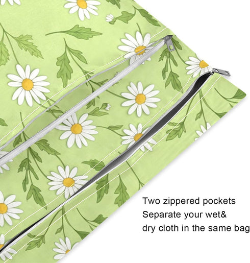 Burbuja 2 Pack, 2 Daisies in Green Wet Dry Bags for Baby Cloth Diaper Waterproof Reusable Wet Bag with Zippered Pockets