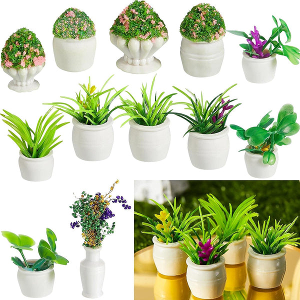 Chuangdi 12 Pieces Miniature Dollhouse Plant Flowers, Artificial Tiny Greenery Ornament, 6 Types for Decoration