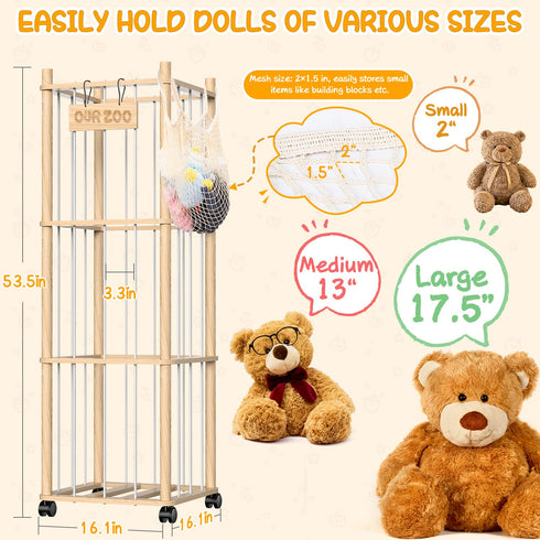 Belveora 3 Stuffed Animal Storage Organizer, Wooden Plushies Toy Zoo Holder with Wheels, Large Capacity Storage Tower