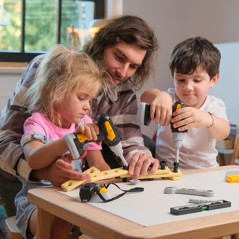 Set Kids Tool with Carrying Case, Electronic Toy Drill with Bits & Construction Vest Pretend Play Kit with Safety