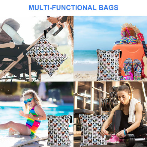 FLOCK THREE Washable Wet Bag Diaper Bag, Water Resistant Swimming Bag with Pugs Dog Print, 12.6'' x 16.5''