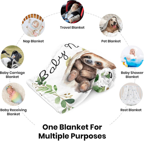 Novusopt Monogrammed Sloth Blanket Baby Blanket with Name Personalized Sloth Receiving Blankets Girl Baby Boy Blankets