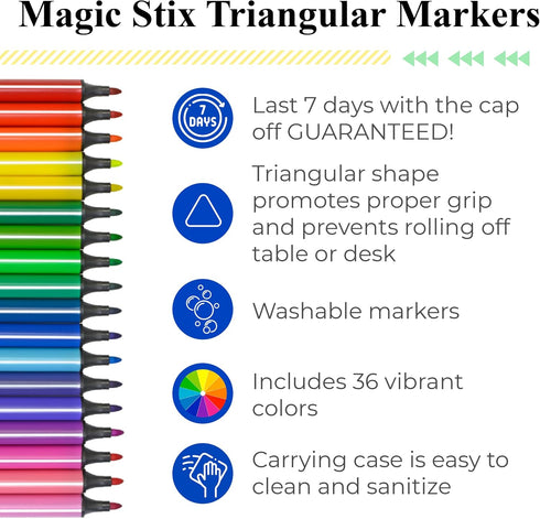 The Pencil Grip Magic Tri Stix, Non-Toxic Washable Markers For Kids, 36 Assorted Stix Markers