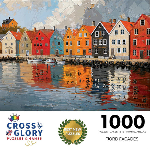 Fjord Facades: Norway's Water's Edge by Cross & Glory, 1000 Piece Jigsaw Puzzle for Adults, Norwegian Village Scene