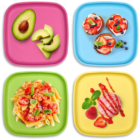 Bamboo Kids Plates, 4 Pack Set, Stackable Bamboo Dinnerware for Kids, Bamboo Fiber Kids Plates Set, Dinner Dish Set for Kids and Toddlers, Dishwasher Safe and Stackable by GET FRESH