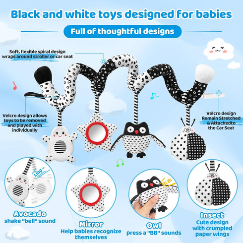 AJsupojouet 0-6 High Contrast Baby Toys - Black & White Hanging Toys for Car Seat, Stroller & Crib | Newborn Essentials