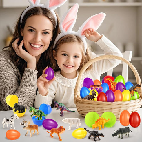 24 Pack Shemira Easter Eggs Filled with Animal Dinosaur Toys, Easter Basket Stuffers Fillers, Easter Goodie Bag