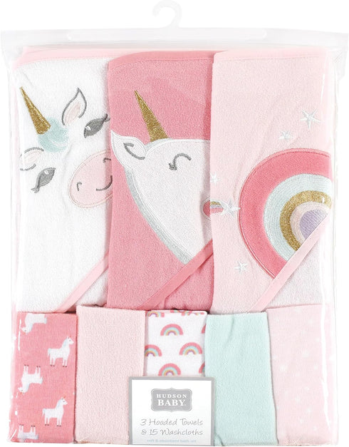 3pk 15 Hudson Baby Unisex Baby Animal Hooded Towel and Washcloths, Unicorn, One Size