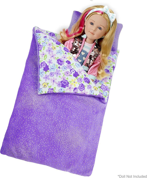 Cozy 2-Piece Playset 14" 2 3 4 June Garden Dream Reversible Doll Sleeping Bag - Doll Accessory with Pillow - Fits