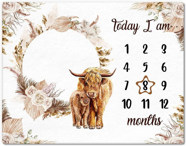 Boho Floral Baby Monthly Milestone Blanket, Neutral Bohemian Photo Prop Blanket, Personalized Highland Cow Baby Present