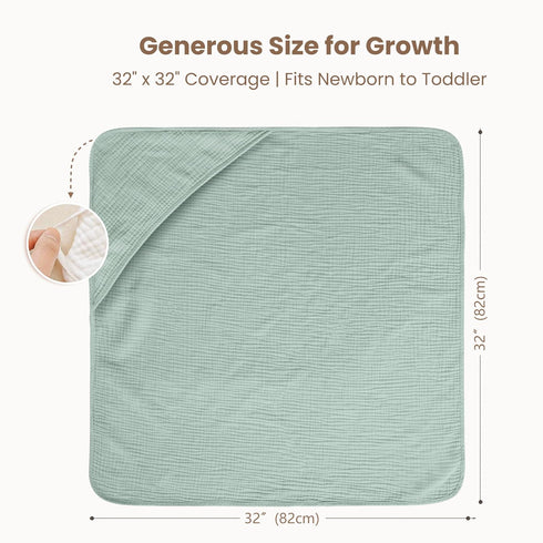 2-Pack 100% Leafy,32" 32") Konssy Muslin Hooded Baby Towels, Cotton, Ultra-Soft & Absorbent Baby Bath Towels with Hood