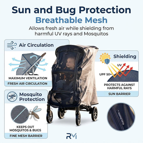 RORORARRI Large Stroller Sunshade & Rain Cover-Protect Your Baby Stroller from Sun, Rain, Wind, Dust-Built in Mosquito