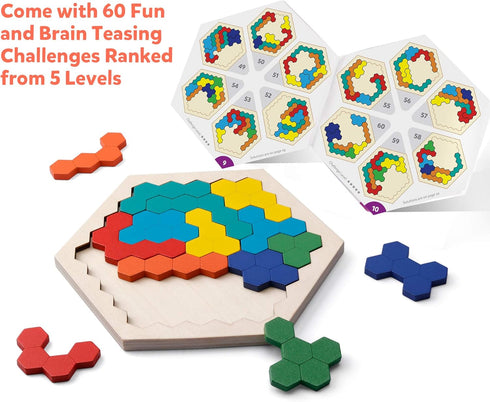 Coogam Wooden Hexagon Puzzle for Kid Adults - Shape Pattern Block Tangram Brain Teaser Toy Geometry Logic IQ Game STEM