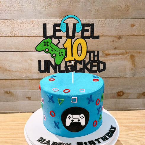 Level 10th Unlocked Cake Topper, Happy 10th Birthday Level Up Cake Decoration, Video Game Controller Play Game Theme, Boy’s Tenth Birthday Party Supplies