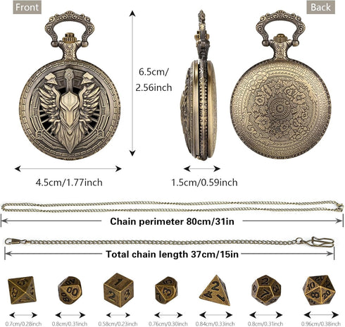 Mini DND Dice Set 7pcs Polyhedral Metal D&D Dice Steampunk Hollow Paladin Knight Warrior Pocket Watch Shell Case