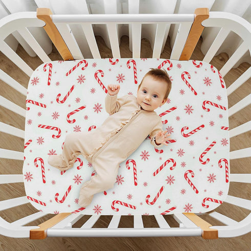 Sheet,52x28IN Pfrewn Christmas Crib Sheets for Boys Girls Red Candy Cane Snowflakes Fitted Crib Sheet Fits Standard