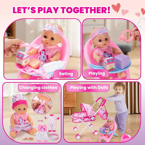 Set 12.5" 28 3-5 4-6 5-7 Baby Doll Stroller Play with Baby Dolls, Pcs Pretend Role Play Doll Accessories Including