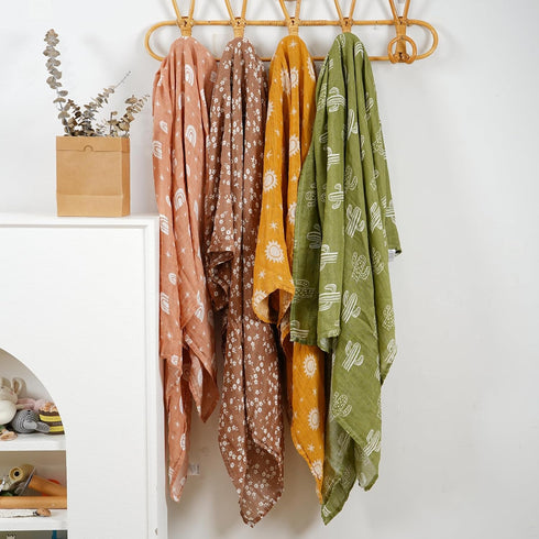 CoolaPeach 4 Set 120x110cm Muslin Swaddle Blankets for Newborn Baby Boys, Girls,Receiving Blankets-Cute Soft Print Baby