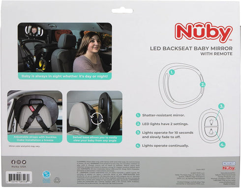 Nuby LED Light Backseat Baby Car Mirror with Remote Controlled Light, Wide View Shatter Resistant Mirror, Adjustable