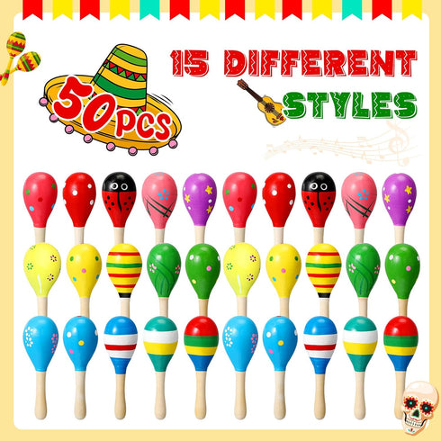 50 Pcs Mini Wooden Maracas for Kids Fiesta, 17 Designs Noisemaker for Mexican Cinco De Mayo, Luau Party, Carnivals,