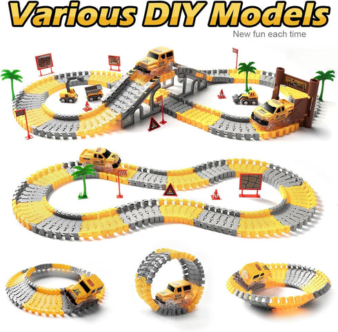 264 PCS Construction Race Tracks for Kids Toys, Glow in The Dark Magic Toy Set with 2 Light Up Cars
