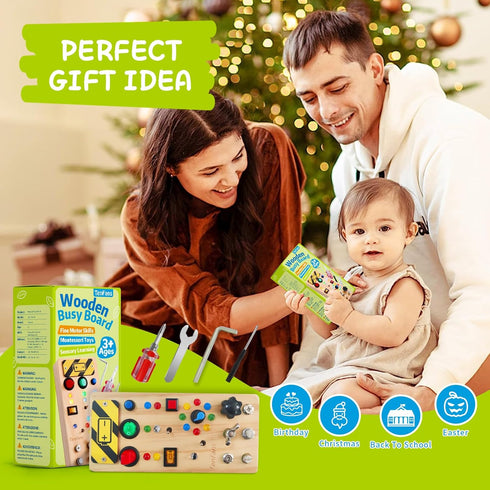 TenFans Wooden Montessori Busy Board with LED Light Switch, Sensory Toy for Toddlers 3+ Year Olds