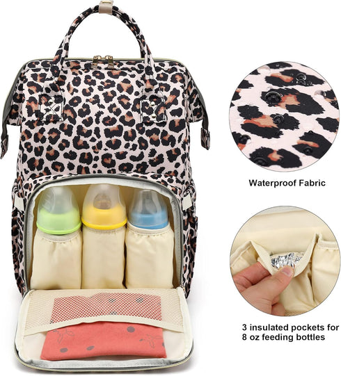 Xunteny Backpack Leopard Baby Diaper Bag for Girls Boys, Waterproof Large Maternity Nappy Bags for Mom
