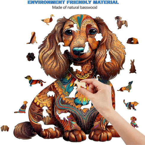 Wooden Puzzle for Adults, Long-Haired Dachshund Dog Jigsaw Puzzle, Unique Shape Animal Wood Puzzles