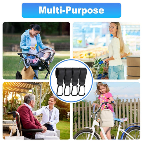 NxeAnnQi 4 Pack Premium Non-Slip Stroller Hooks, Adjustable Carabiner Clips, Multifunctional Baby Stroller Accessories