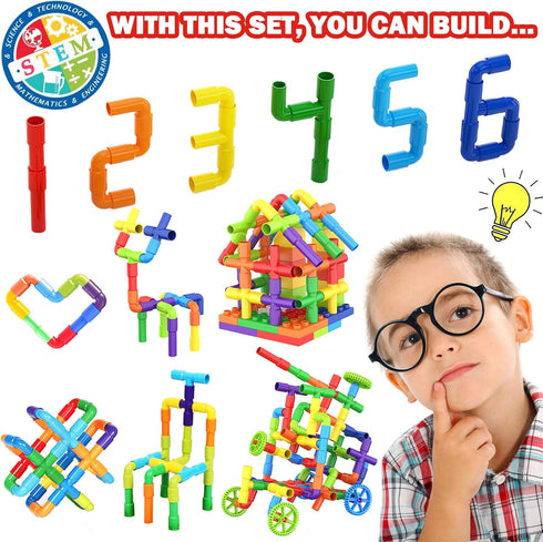 WishaLife 250 Pieces STEM Building Blocks Set - Kids Tube Locks Construction Set with Storage Box for Preschool Learning