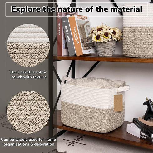 Goodpick Woven Storage Basket for Shelves, Cotton Rope Dog Toy Bin, Square Baskets for Storage Shelves, Brown and