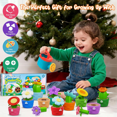 Set Montessori Flower Garden Building Toy for Toddlers, Gardening with Watering Can, Shovel, Rake, Shape & Color