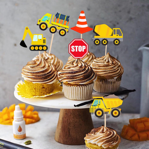 PAVATUTAT 24 PCS Construction Cupcake Toppers Stop Sign Dump Truck Excavator Tractor Party Cake Food Picks Decorations